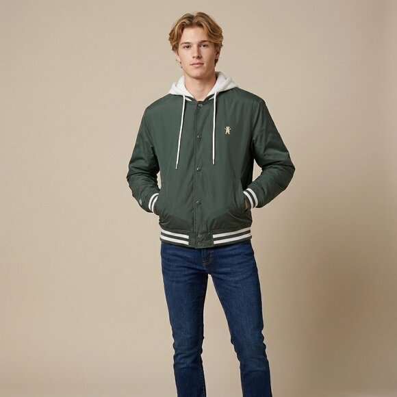 Grizzly Other - Grizzly Mens XS Varsity Jacket Green Hooded Snap Front Skate Streetwear Retro